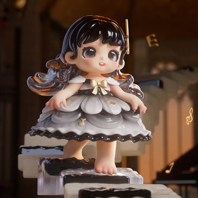 Chibi-style figurine from Miana The Sleeping Castle Series Blind Box, featuring a girl with glossy eyes, piano-themed base, and musical accents.