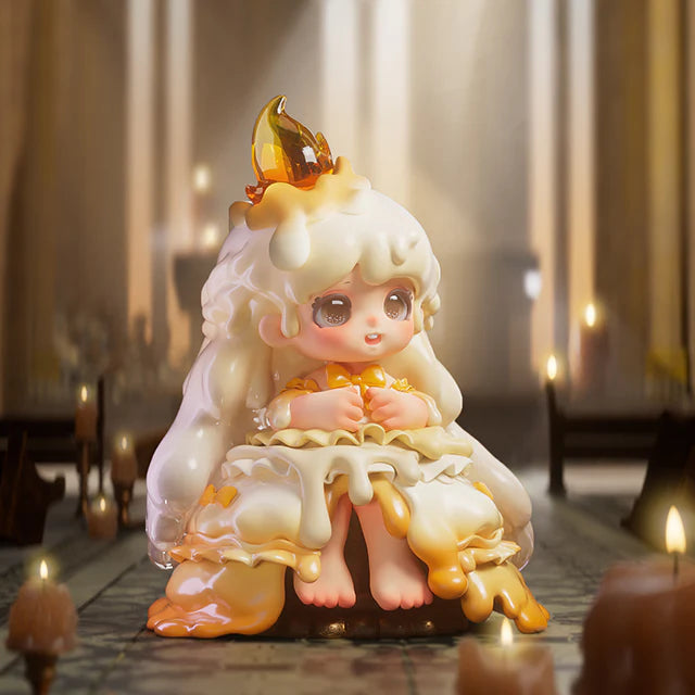 Chibi-style candle wax figure from Miana The Sleeping Castle Series Blind Box, seated with lit candles, offering a fairytale ambiance.