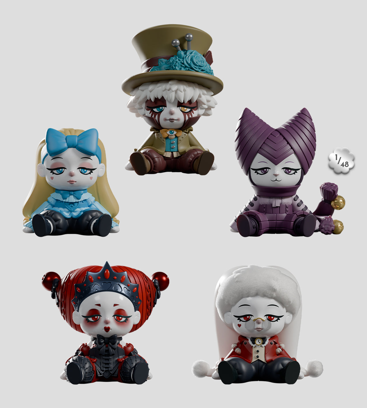 A Mad Tea Party Blind Box features five chibi-style figures inspired by Alice in Wonderland with a circus twist, suggesting a limited edition collectible series.