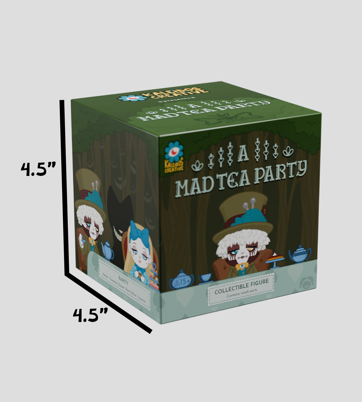 A Mad Tea Party Blind Box featuring Alice-in-Wonderland-themed collectible figures with circus flair, includes mystery figure, age 15+ warning, and rarity chart.