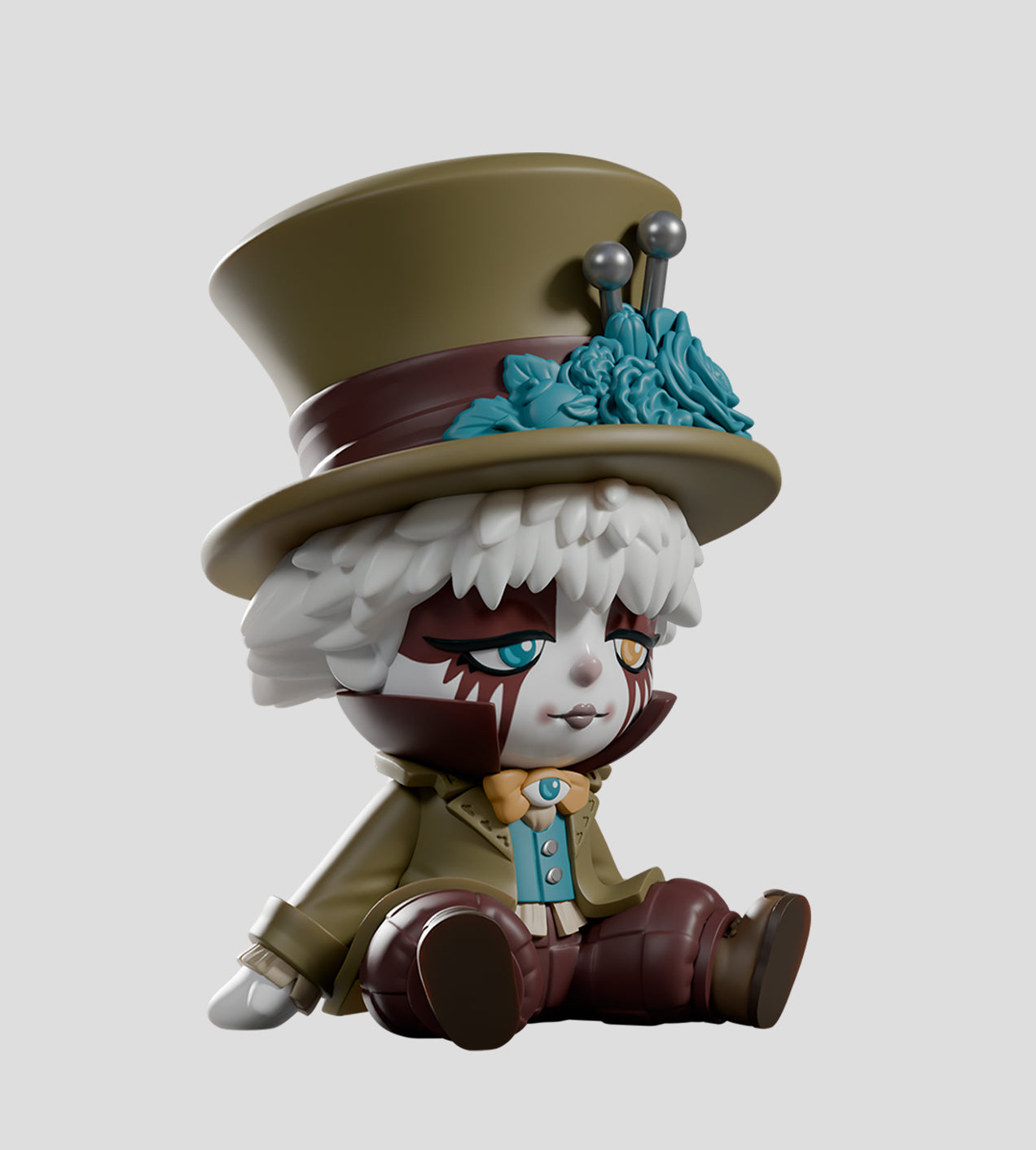 Chibi-style figure from A Mad Tea Party Blind Box, featuring a whimsical character with mismatched eyes, ornate hat, and circus-inspired attire. Collectible art toy.