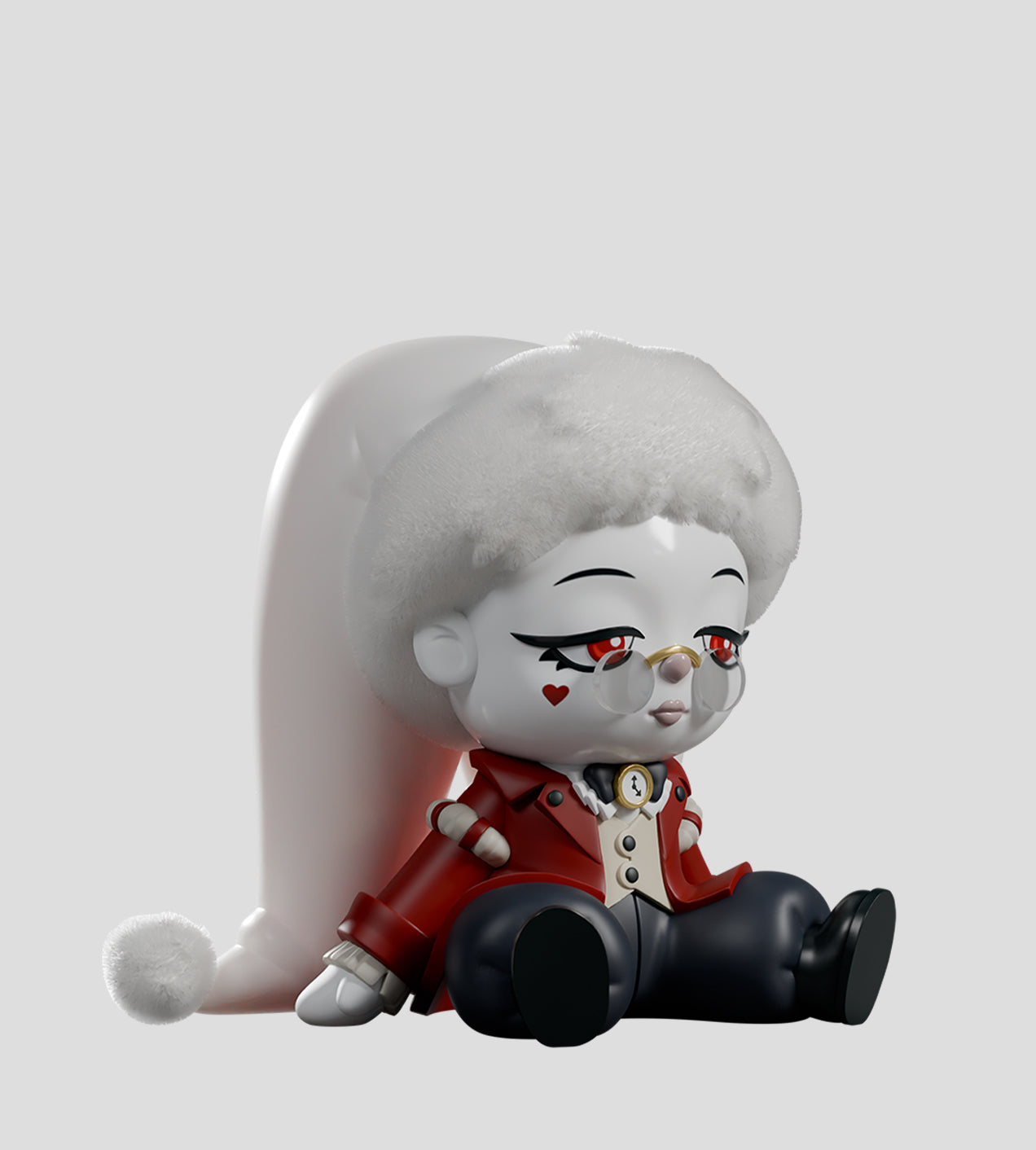 A Mad Tea Party Blind Box figurine: seated vinyl toy with porcelain-white face, red coat, fluffy cap, and wire-rimmed glasses, embodying a whimsical circus-themed character.