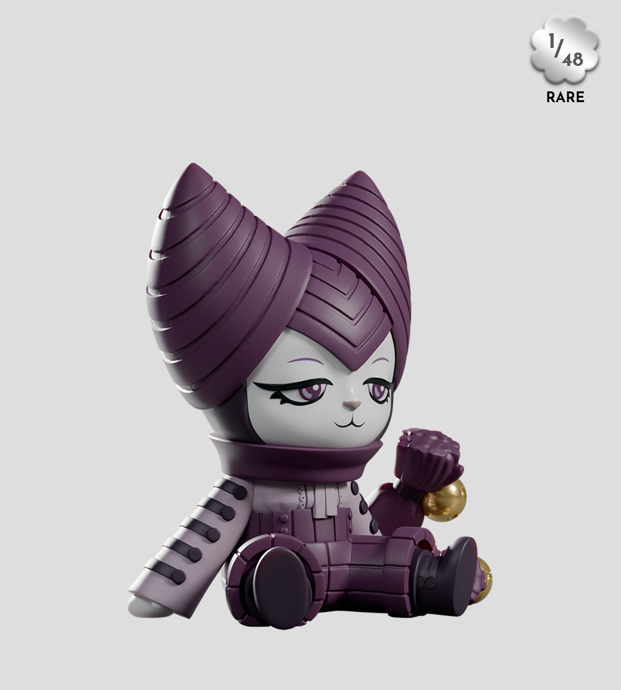 A Mad Tea Party Blind Box figure: a purple cat-like character with spiral horns, segmented body, holding a gold bauble. Limited-edition collectible from Strangecat Toys.