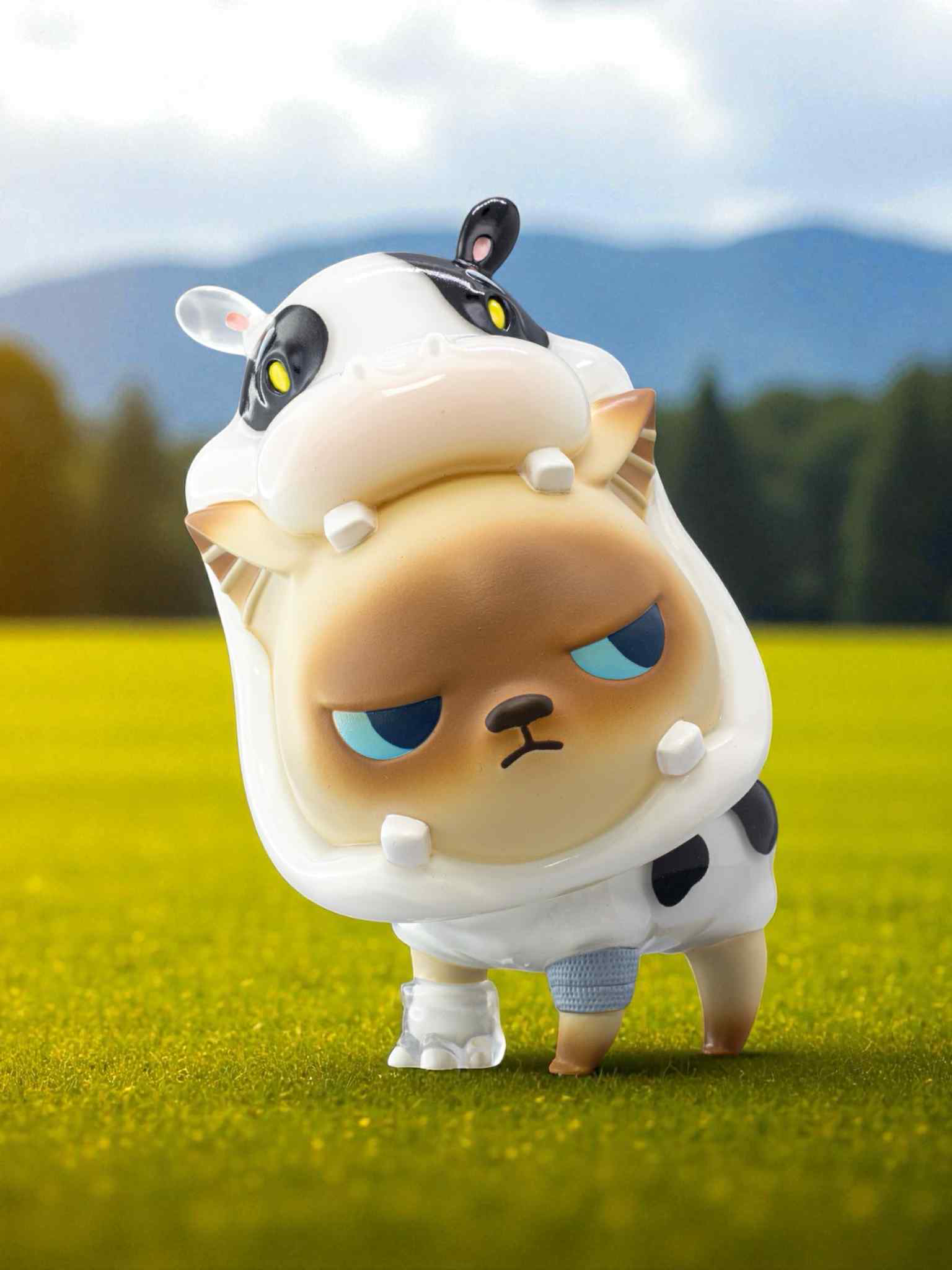 Zombo Cafe - Zombo LATTE & Cow Hibbo: A stylized beige cat or puppy with cow mask, hoof boot, and blue bandage, standing on grass.