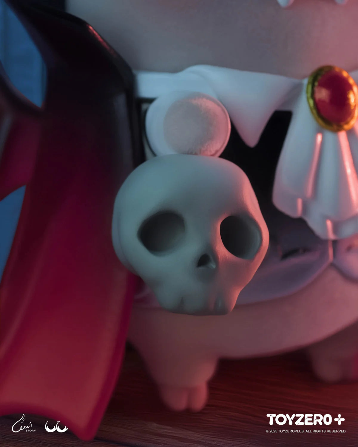 LuLu The Piggy - Surprise can 2 (Terror Castle) collectible wearing a red cape, white ruffled collar, and skull charm, standing on a wooden surface. Preorder now.
