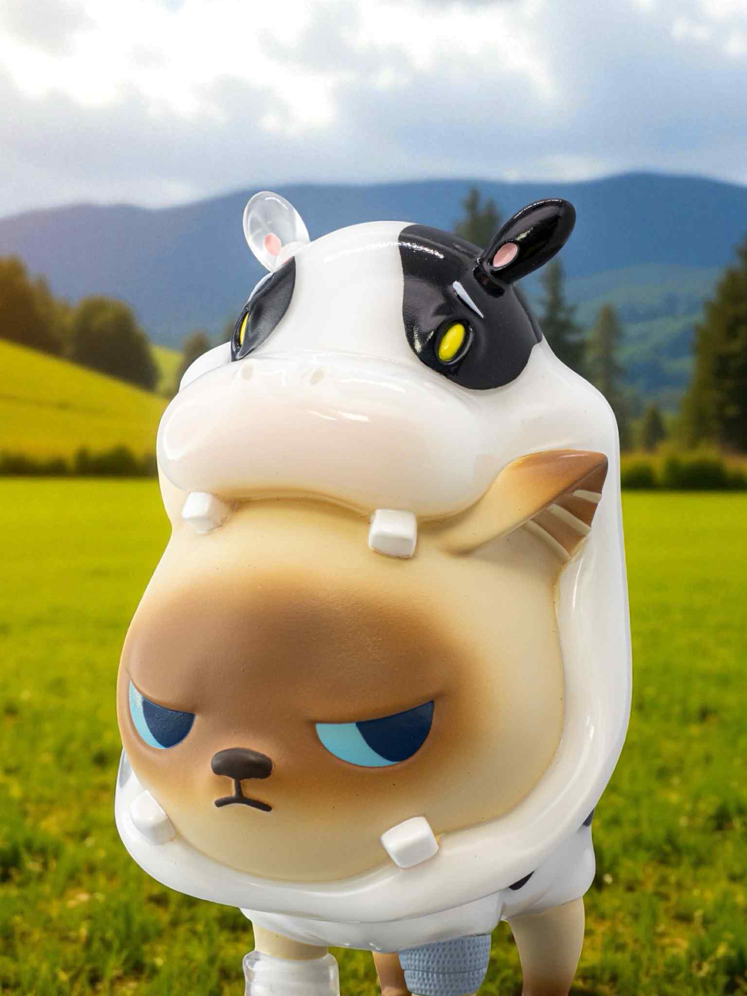 Zombo Cafe - Zombo LATTE & Cow Hibbo collectible: grumpy brown dog in cow helmet, vinyl figure posed in a field. Preorder for end of Q4 2025.