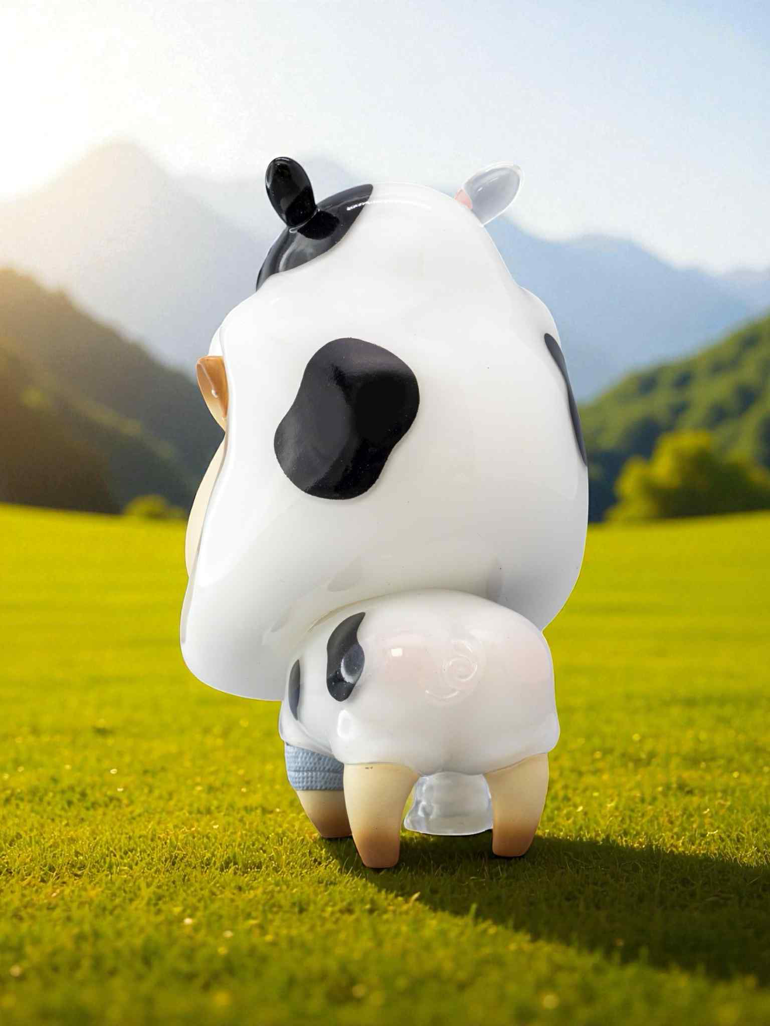 Zombo Cafe - Zombo LATTE & Cow Hibbo figurine, a chubby, cartoon-like cow collectible, posed in a sunlit field. Preorder, soft vinyl, limited to one per household.