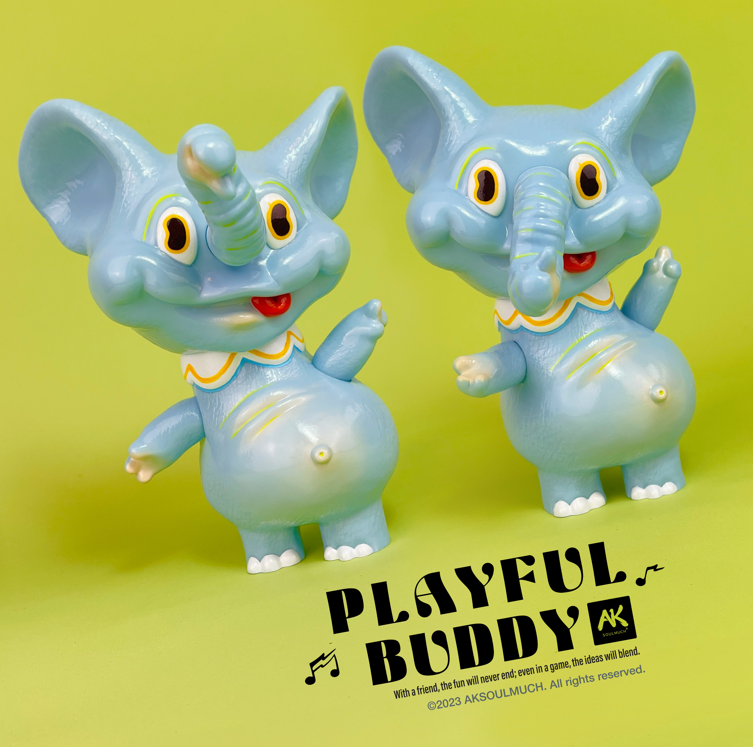 Toy animal figure of a blue elephant with yellow eyes, part of Playful Buddy by AKSOULMCUH collection.