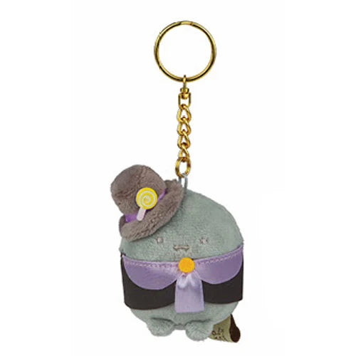 Sumikko Gurashi Halloween Plush Keychain from Series 12, featuring a mint-green character with a brown hat and purple cape, hanging from a gold chain.