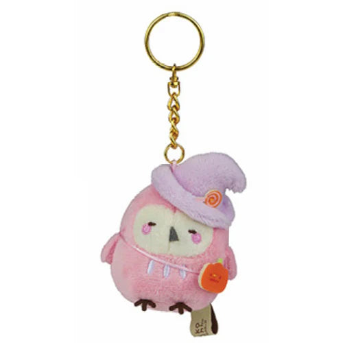 Sumikko Gurashi Halloween Plush Keychain: Pastel-pink owl with lavender witch’s hat, orange pumpkin charm, and gold-tone chain. Part of Series 12 Blind Box.