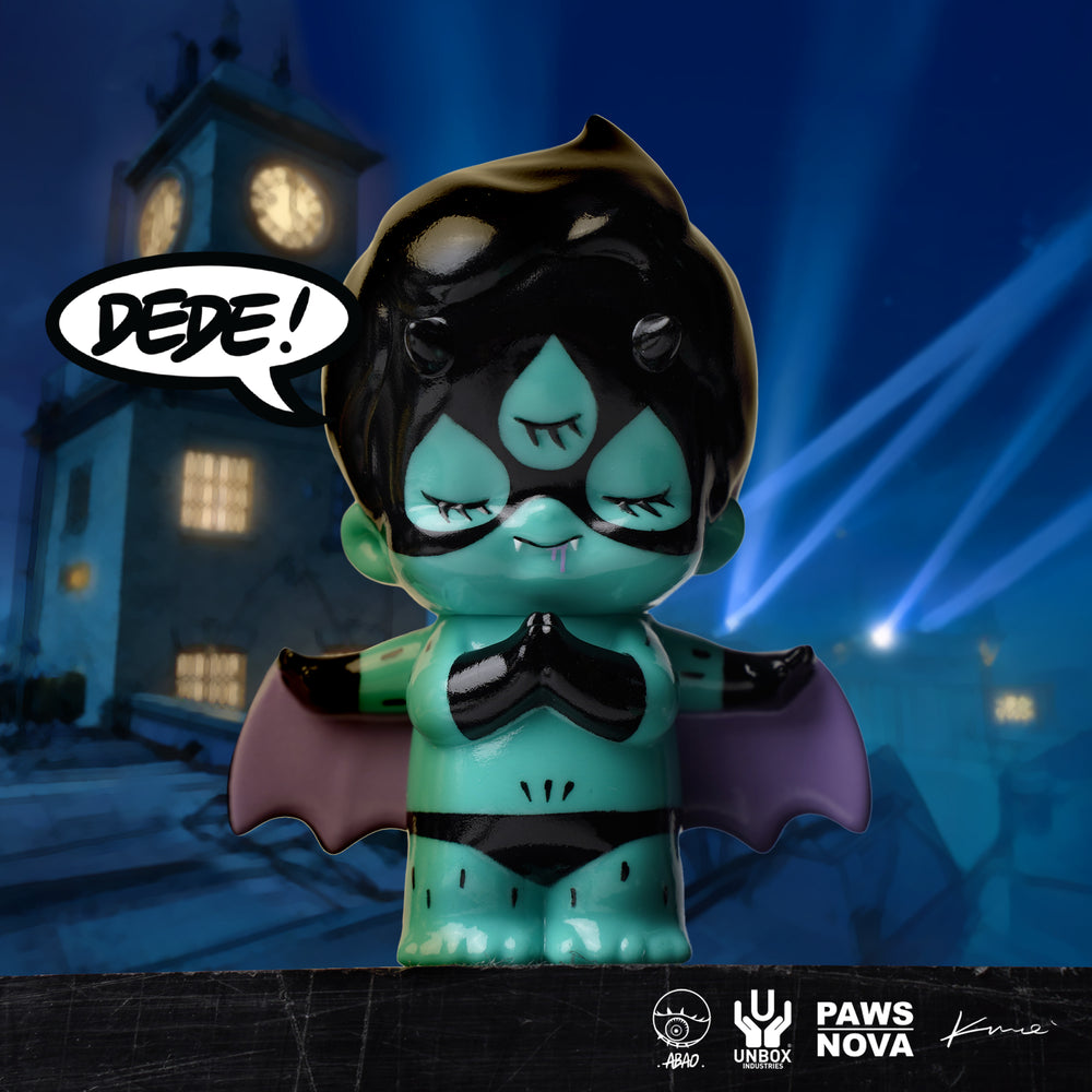 THE INSPECTOR DEDE BY ABAO: A 3 mint-green vinyl art toy with black hair-mask, purple bat wings, and a mischievous expression, set against a cityscape backdrop.
