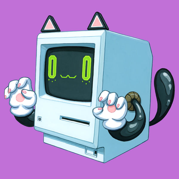 Cartoon cat-themed computer monitor art print by Johnny Acurso, featuring a playful feline interacting with the screen.