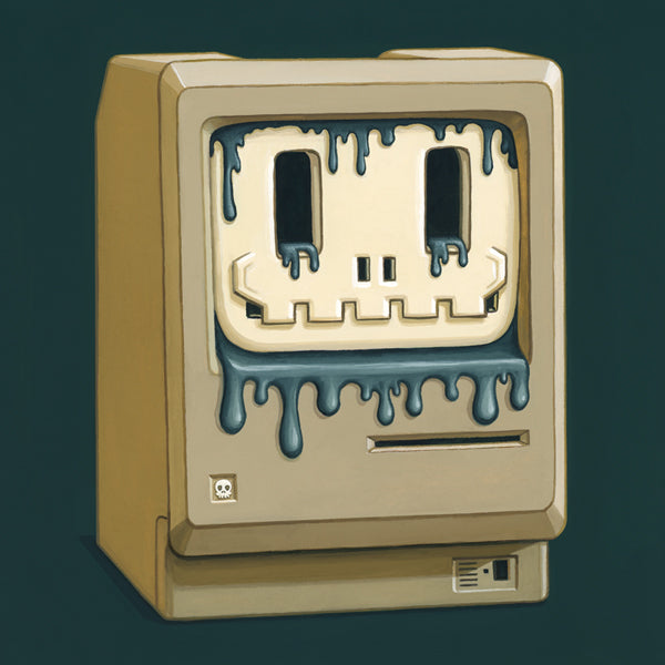 Meltdown Art Print by Johnny Acurso: A computer monitor with a face covered in liquid, electronics, jack.