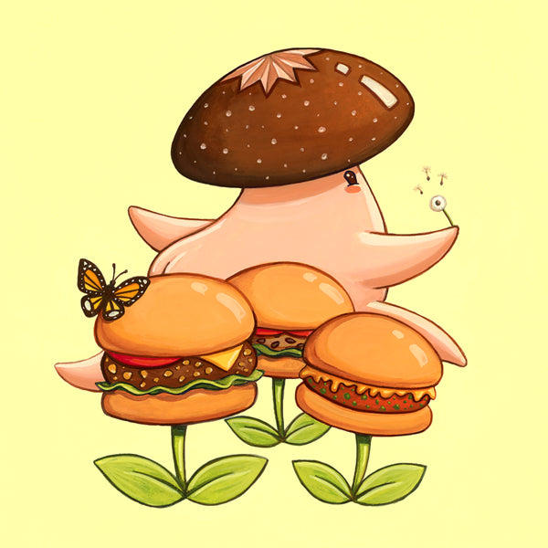 Cartoon mushroom and cheeseburgers art print by Johnny Acurso, 8x8. Signed, archival paper, ready for framing.