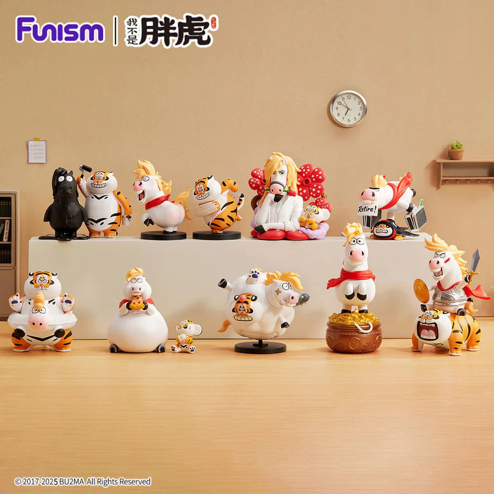 Alexander The Fat Tiger - The Real Crazy Horse Blind Box Series features whimsical, chubby horse/cow figurines, each uniquely posed and styled, promoting playful collectible art toys.