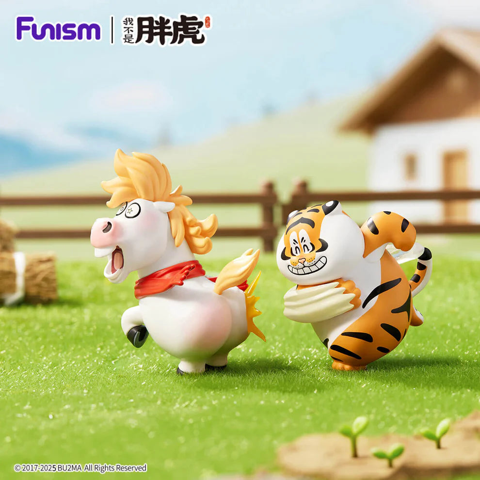 Alexander The Fat Tiger - The Real Crazy Horse Blind Box: Chibi horse and tiger in farm scene, collectible toy from Strangecat Toys.