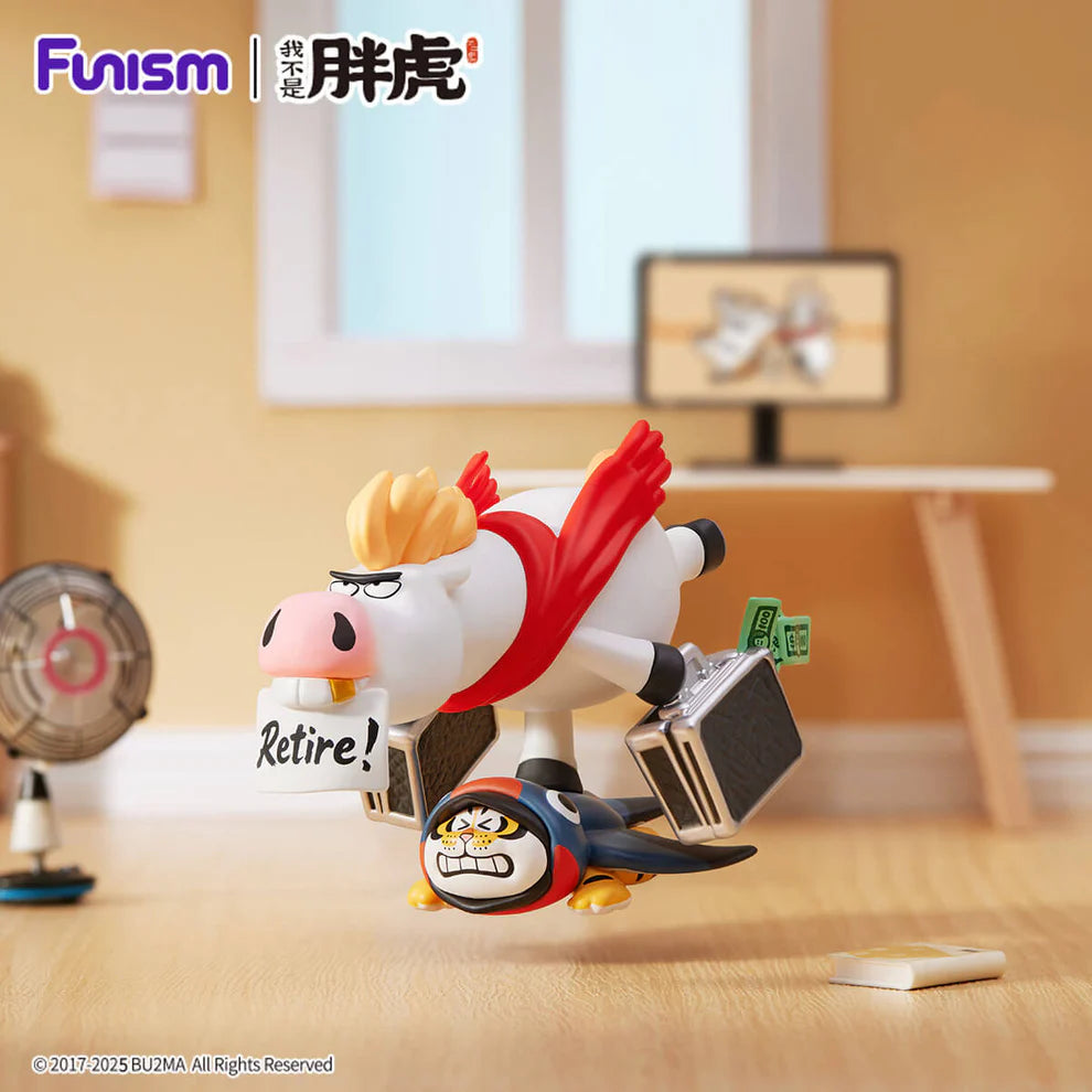Alexander The Fat Tiger - The Real Crazy Horse Blind Box Series features a dynamic 3D scene with a superhero ox figure and panicked cat character in a playful office setting.