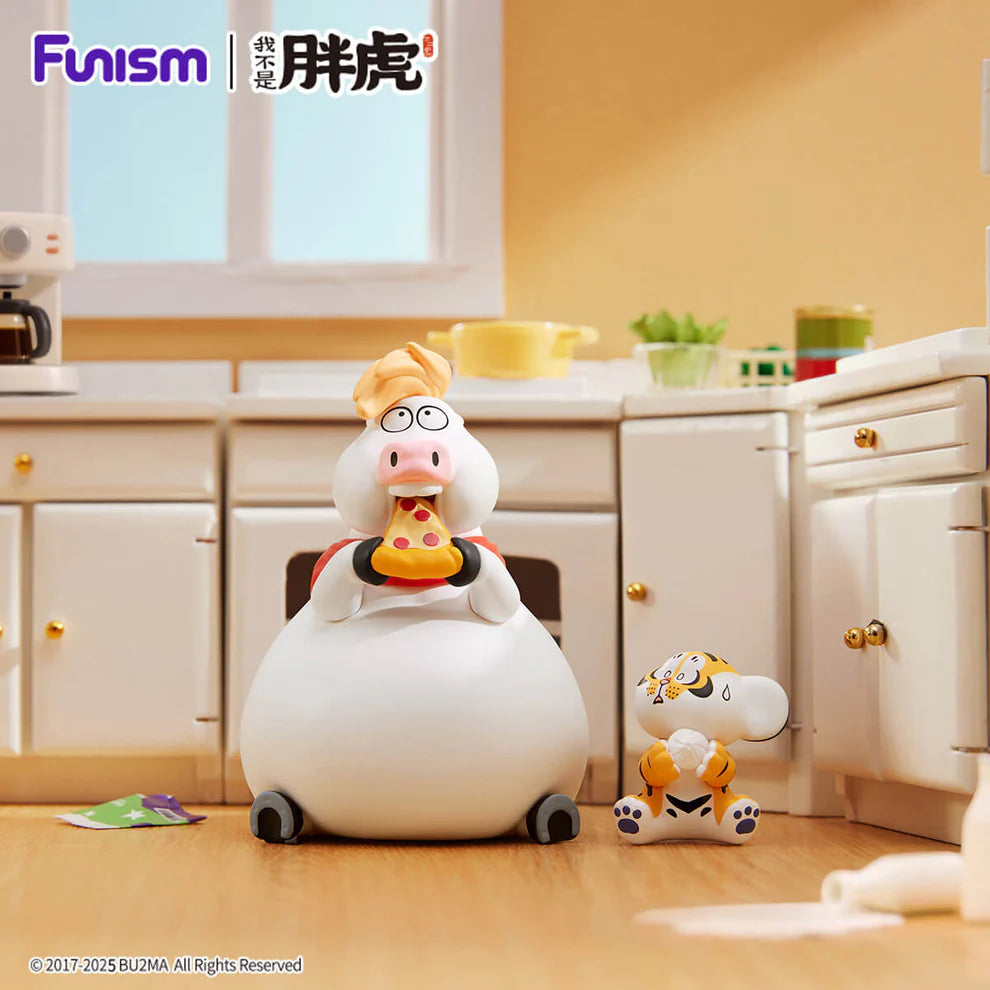 Vinyl toys: a pig enjoying pizza, next to a nervous tiger, in a mini kitchen diorama. Part of Alexander The Fat Tiger - The Real Crazy Horse Blind Box Series.