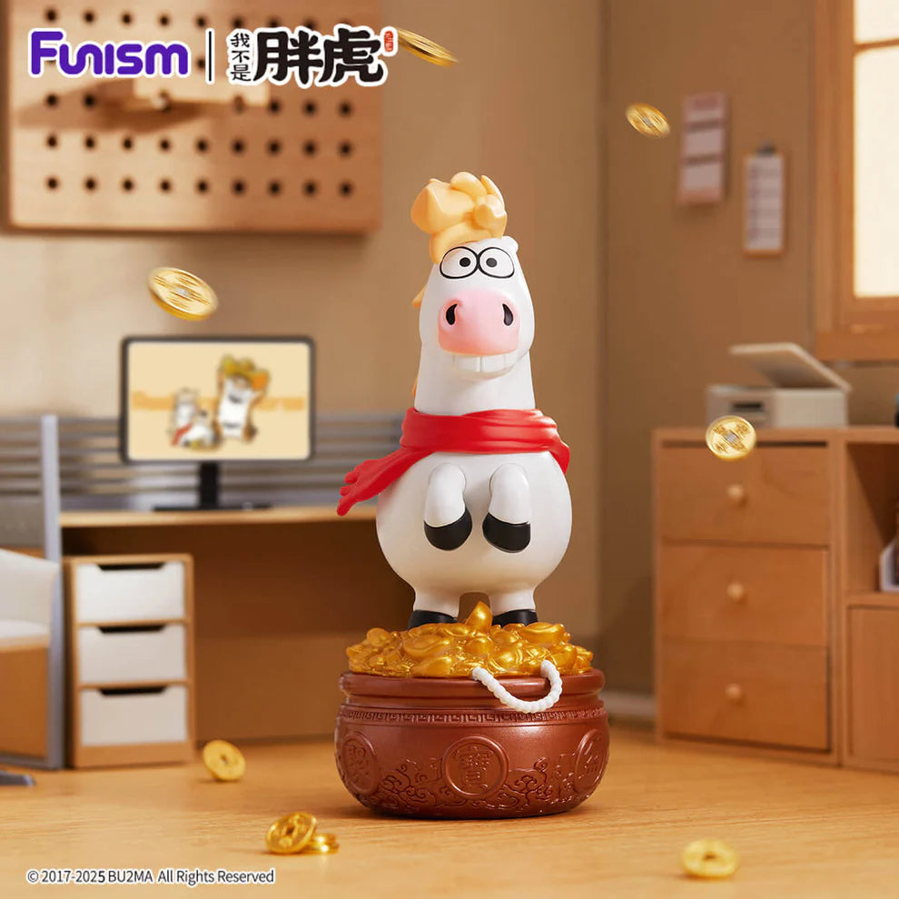 Alexander The Fat Tiger - The Real Crazy Horse figurine atop a pot of gold coins, featuring exaggerated features and a bright scarf, from a limited blind box series.