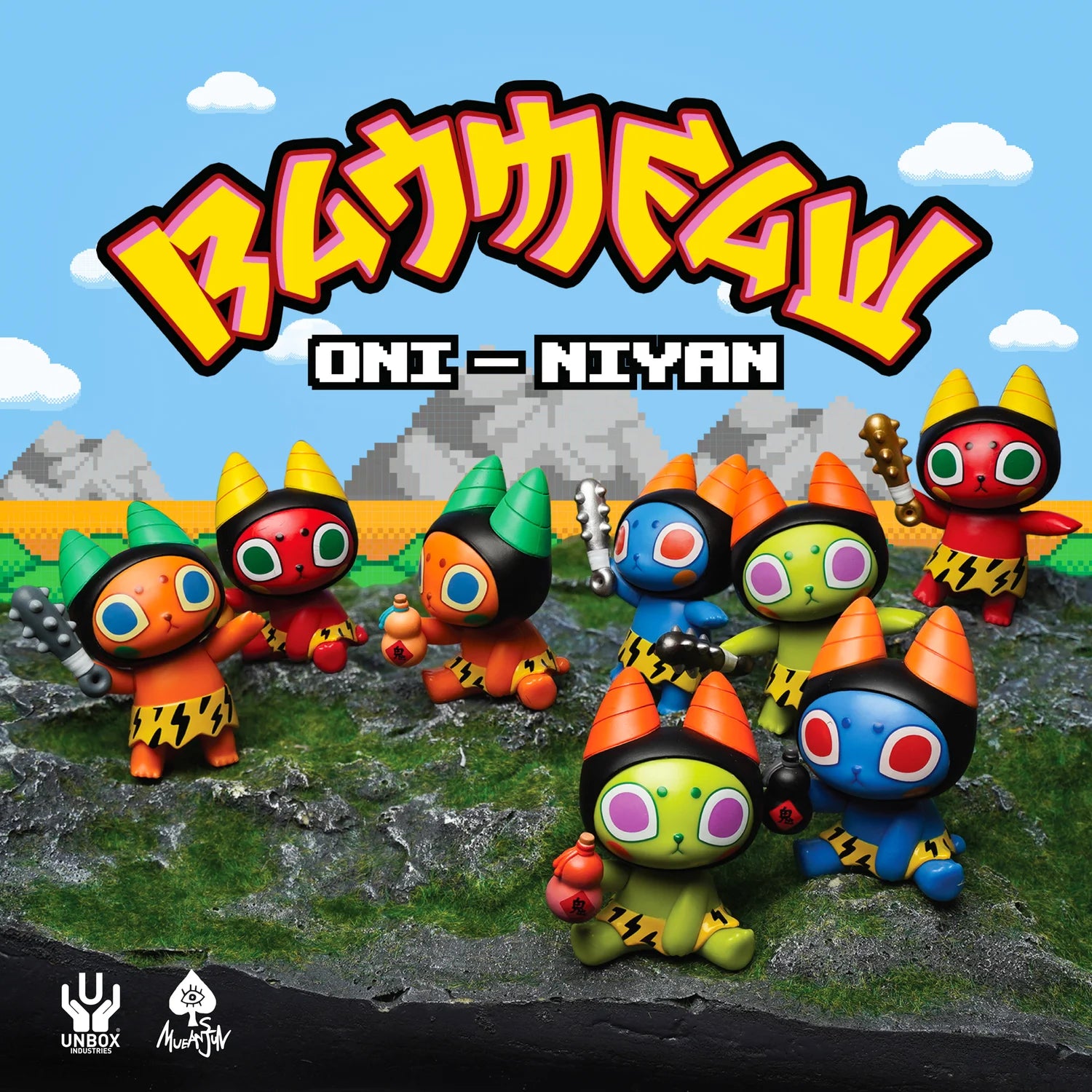 BADMEAW ONI-NYAN BLIND BOX Series featuring cartoon-inspired toy figures with horns and accessories, such as spiked clubs and oni gourds, on a grassy surface.