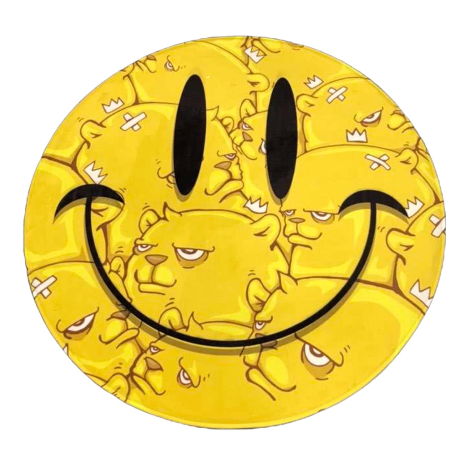 The Bear Champ All Smiles Bath Mat, a 3ft round plush with non-slip backing, featuring JC Rivera's cartoon design, available at Strangecat Toys.