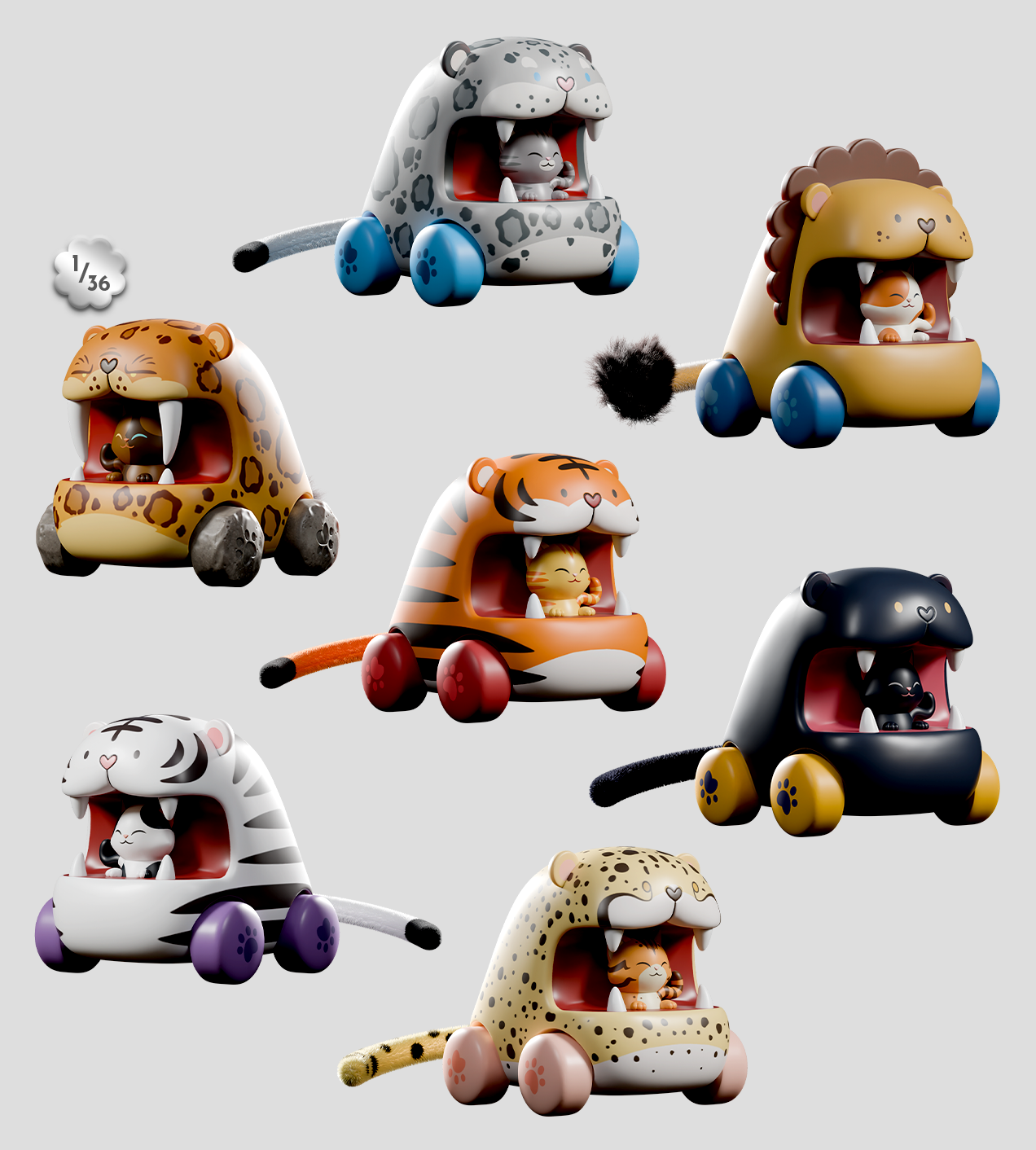 Big Top Chomps Blind Box - Preorder features pull-back toy cars resembling wild cats, complete with fabric tails, designed for imaginative play and display.