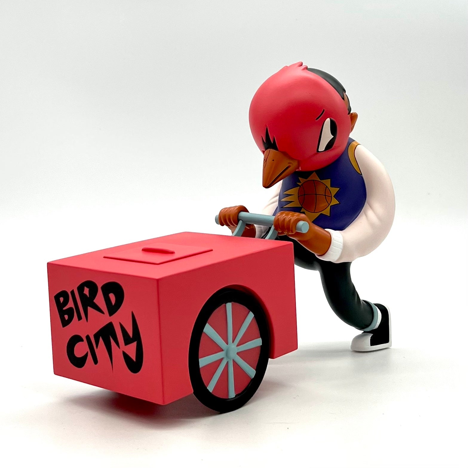 Hustler's Ambition By Sentrock - Bird City Edition vinyl figure with a toy bird on a red box, limited to 150 pieces worldwide.