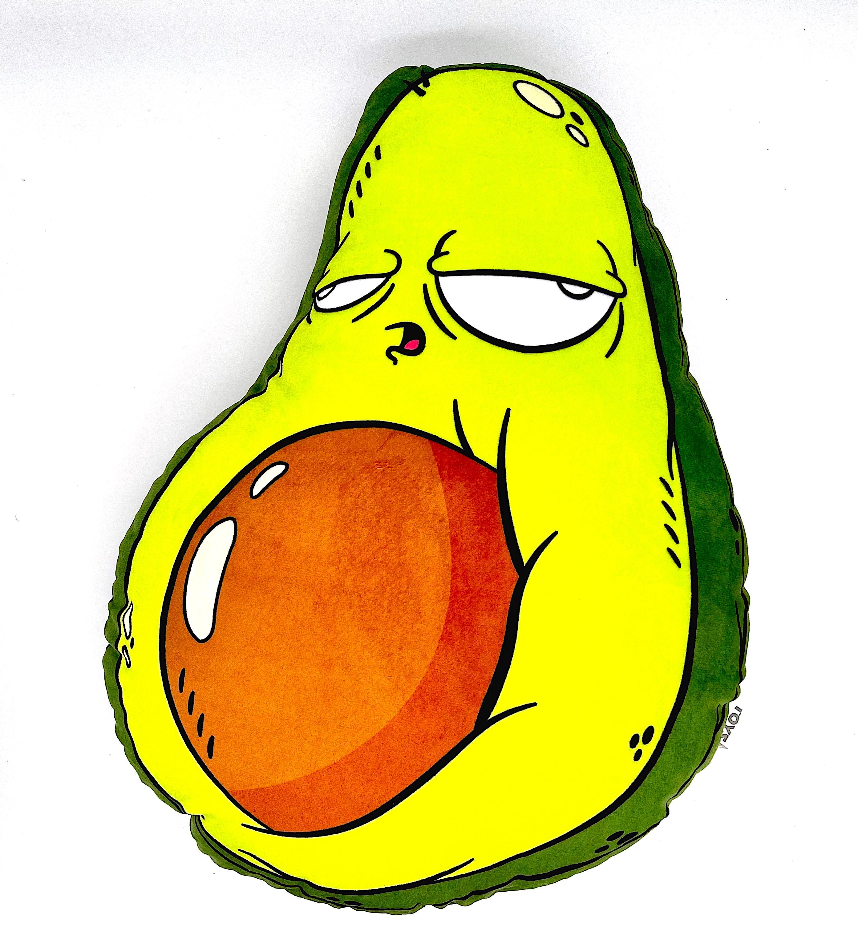 Birdmilk 18 Pillow featuring a cartoon avocado face, showcasing Birdmilk's signature art style, ideal for fans of unique and decorative pillows.