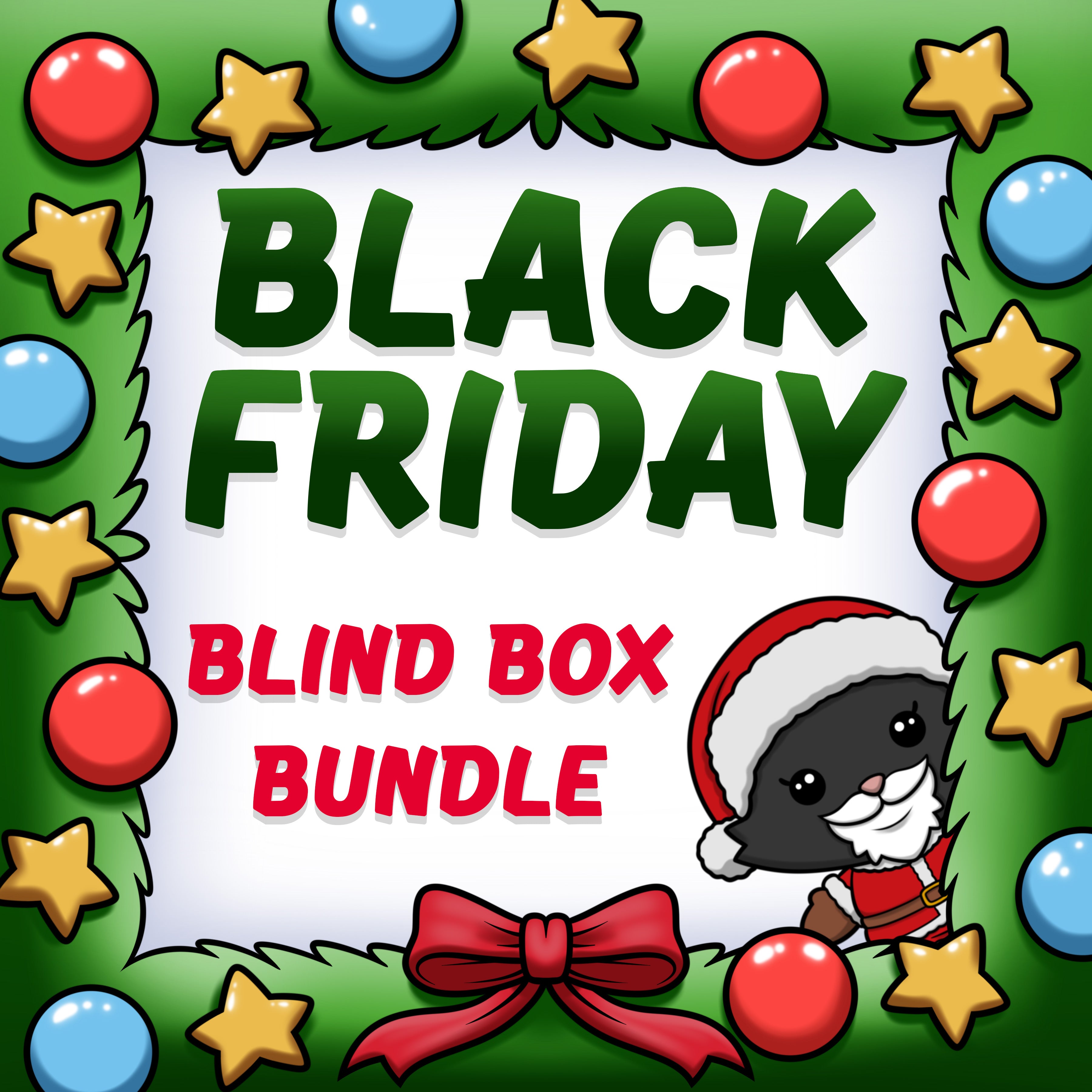 Black Friday Blind Box Bundle Tier 2: Festive graphic with a Santa cat, promoting a 20-piece blind box collection, framed by a decorated evergreen wreath.