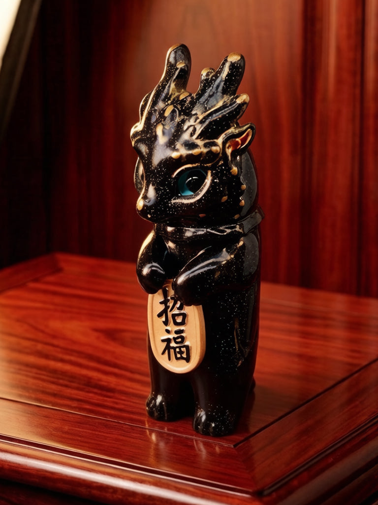 Blessing Black-Gold Loong Cat by HOTRU: A glossy black figurine with antler-like projections, gold speckles, holding a 招福 plaque, symbolizing good fortune.