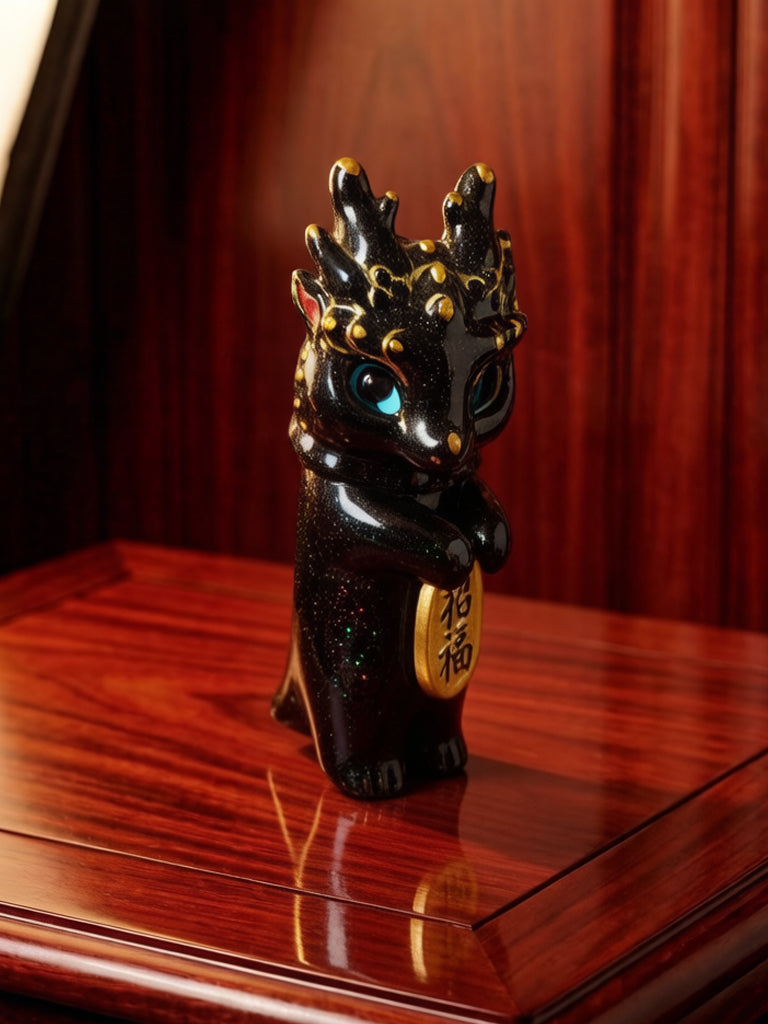 Blessing Black-Gold Loong Cat figurine, glossy black with antler-like horns, blue eyes, holding a gold medallion, on a wooden base.