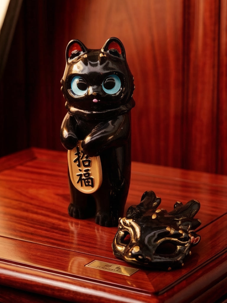Blessing Black-Gold Loong Cat by HOTRU on display: glossy figurine holding a gold plaque, with a decorative dragon-inspired mask beside it.
