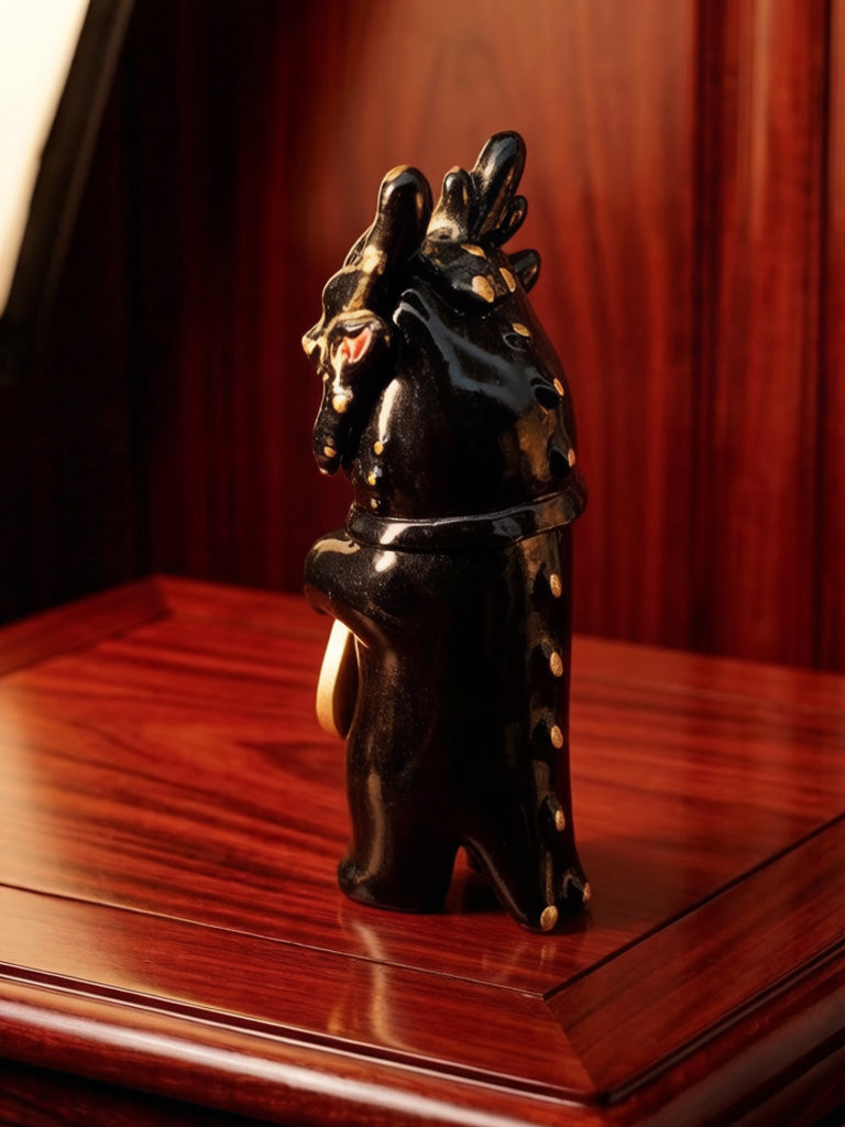 Blessing Black-Gold Loong Cat by HOTRU: Glossy black figurine with horns, gold accents on wooden plinth, featuring rotatable head and detachable mask.