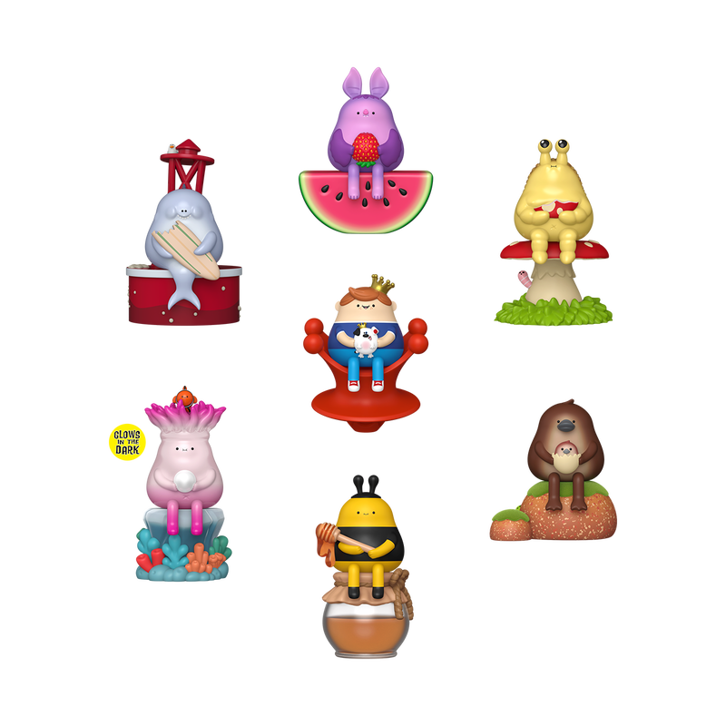 Blonks Animal Afternoon Premium Blind Box featuring seven cute designer toy figures by Sad Salesman, each on unique pedestals, ready for your collection.
