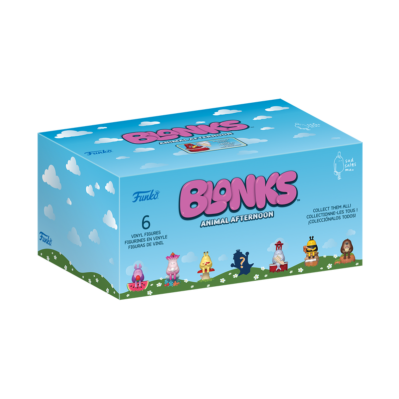 Funko's Blonks Animal Afternoon Premium Blind Box by Sad Salesman, featuring six mystery vinyl figures, including stylized animals and a secret chase figure.