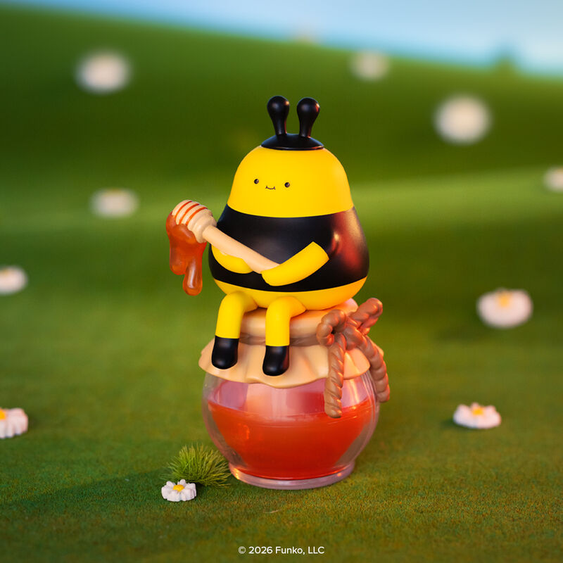 Blonks Animal Afternoon Premium Blind Box by Sad Salesman features a bee figure with honey dipper atop a honey jar in a grassy field.