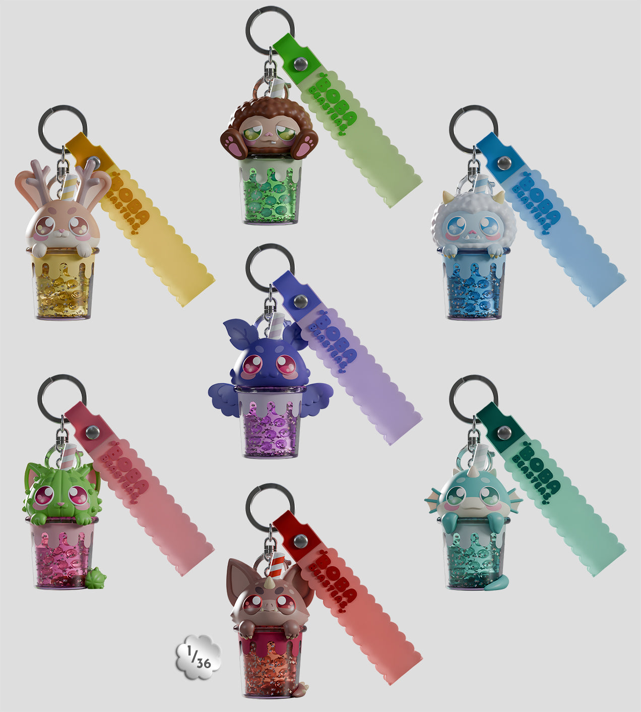 Boba Beasteas Blind Box features whimsical creature key-chains atop boba bead cups, with coordinating straps, perfect for collectors.