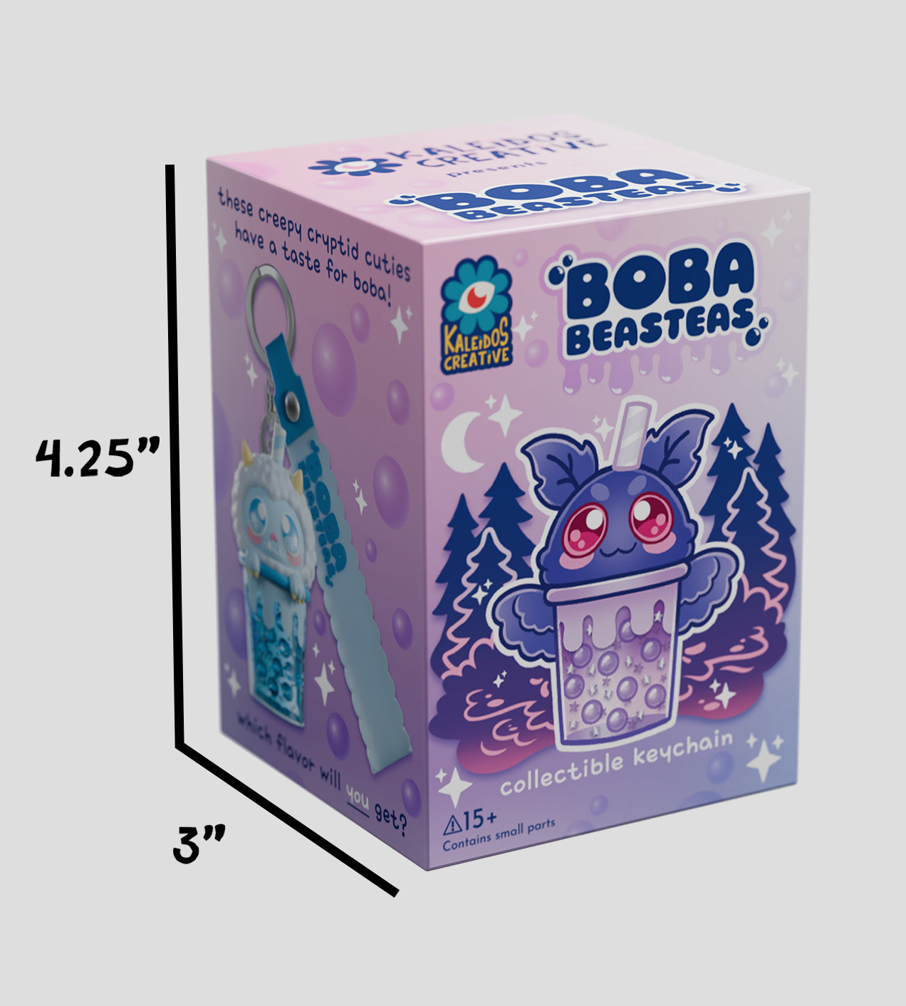 Boba Beasteas Blind Box keychain pack featuring a cartoon cryptid-bat in boba, collectible with random designs; perfect for art toy enthusiasts.