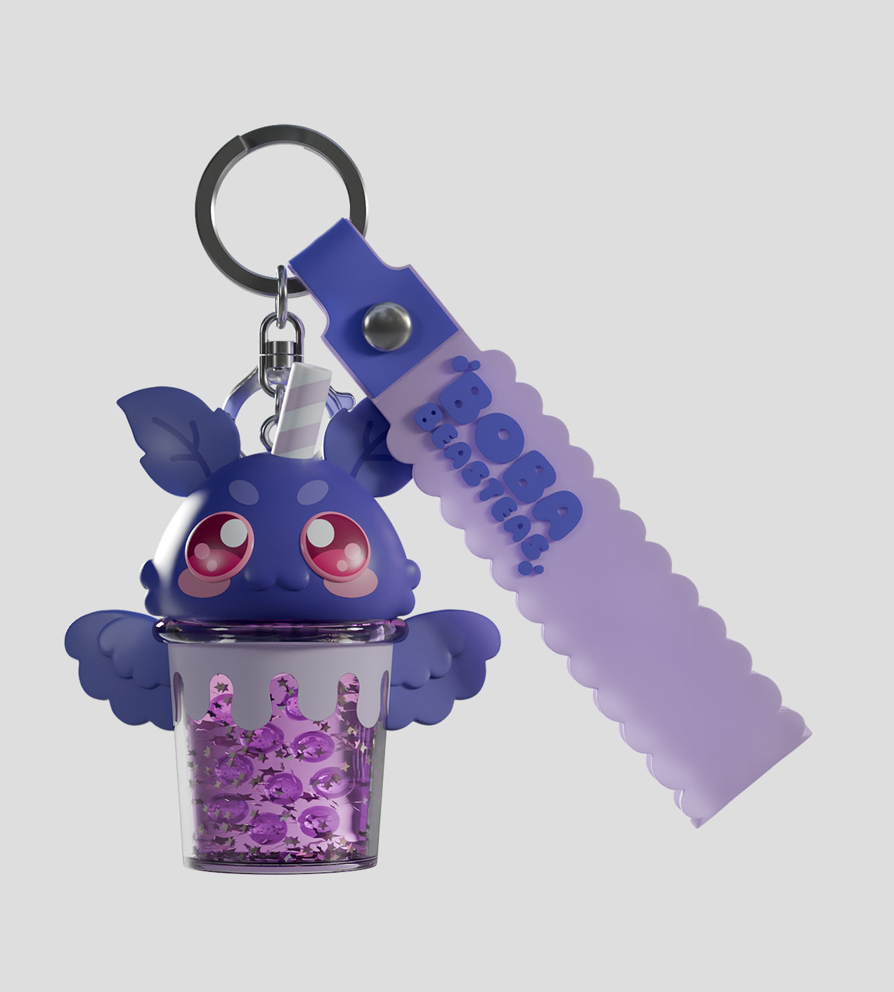 Boba Beasteas Blind Box keychain featuring a glittery boba cup, chibi animal face, and BOBA BEASTIES strap, blending bubble tea charm with cute mascot design.