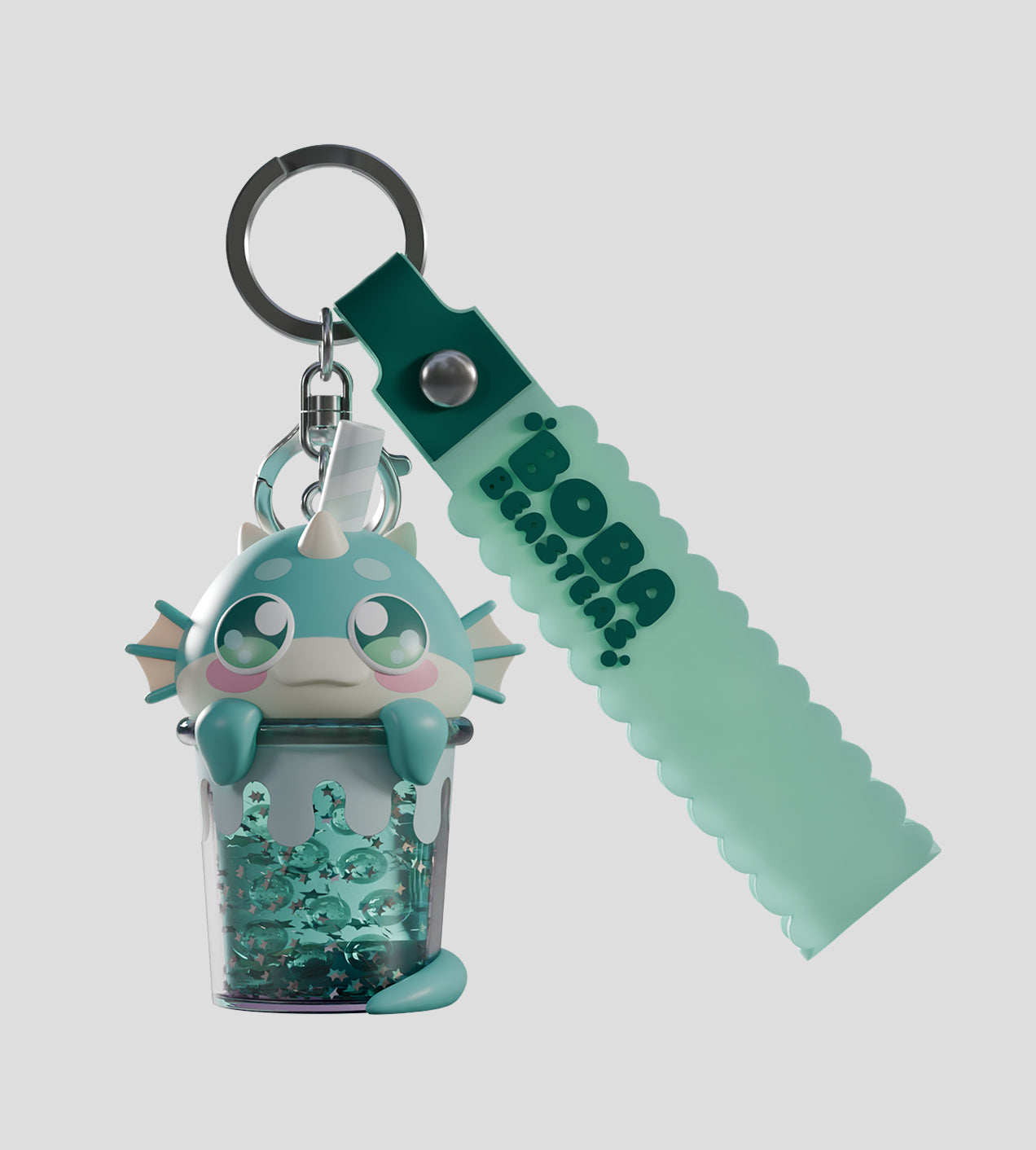 Boba Beasteas Blind Box keychain features a kawaii-style aquatic creature in a glittery bubble-tea cup, with BOBA BEASTIES strap for bags or keys.