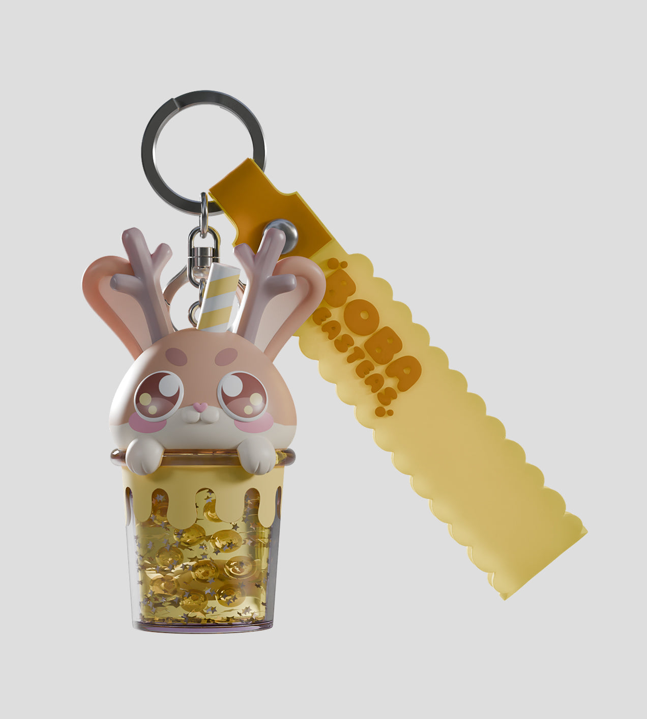 Boba Beasteas Blind Box keychain features a chubby bunny in a glittery boba tea cup with BOBA MASTER tag, perfect for bags or keys.