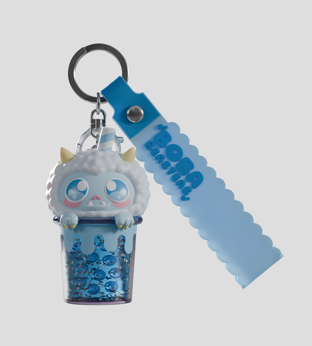 Boba Beasteas Blind Box keychain featuring a fluffy monster in a boba cup charm with BOBA Beasties! silicone strap and metal ring.