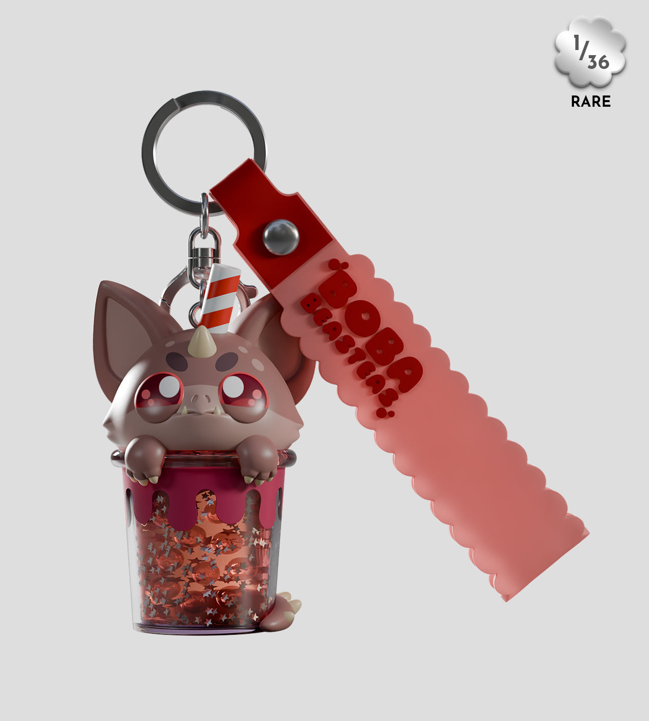 Boba Beasteas Blind Box keychain: monster peeks from sparkly boba cup, red glitter, BOBA BEASTIANS tag, part of a rare collectible series.