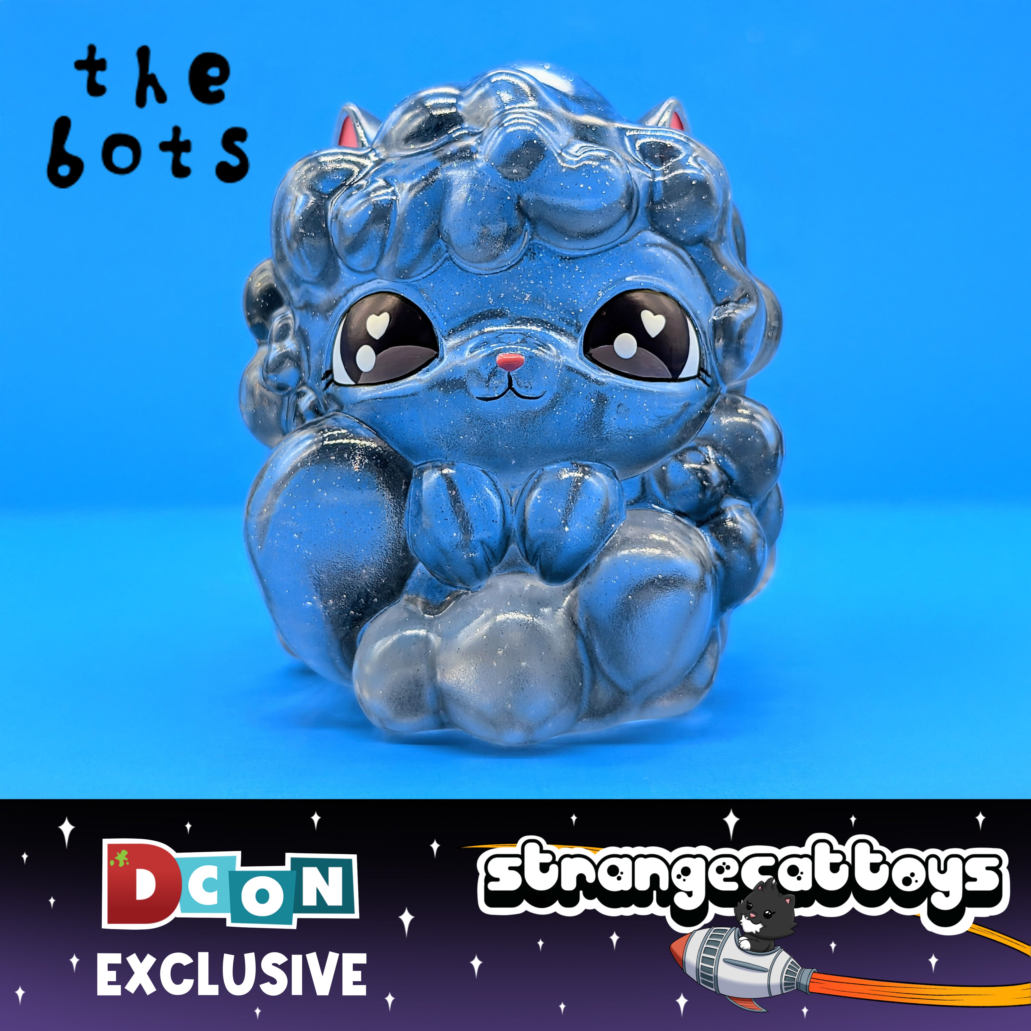 Kumo Kitty - Stormy Skies by The Bots, a 4-inch sparkly blue vinyl/resin collectible cat figure, exclusive to Strange Cat Toys, limited to 50 pieces.