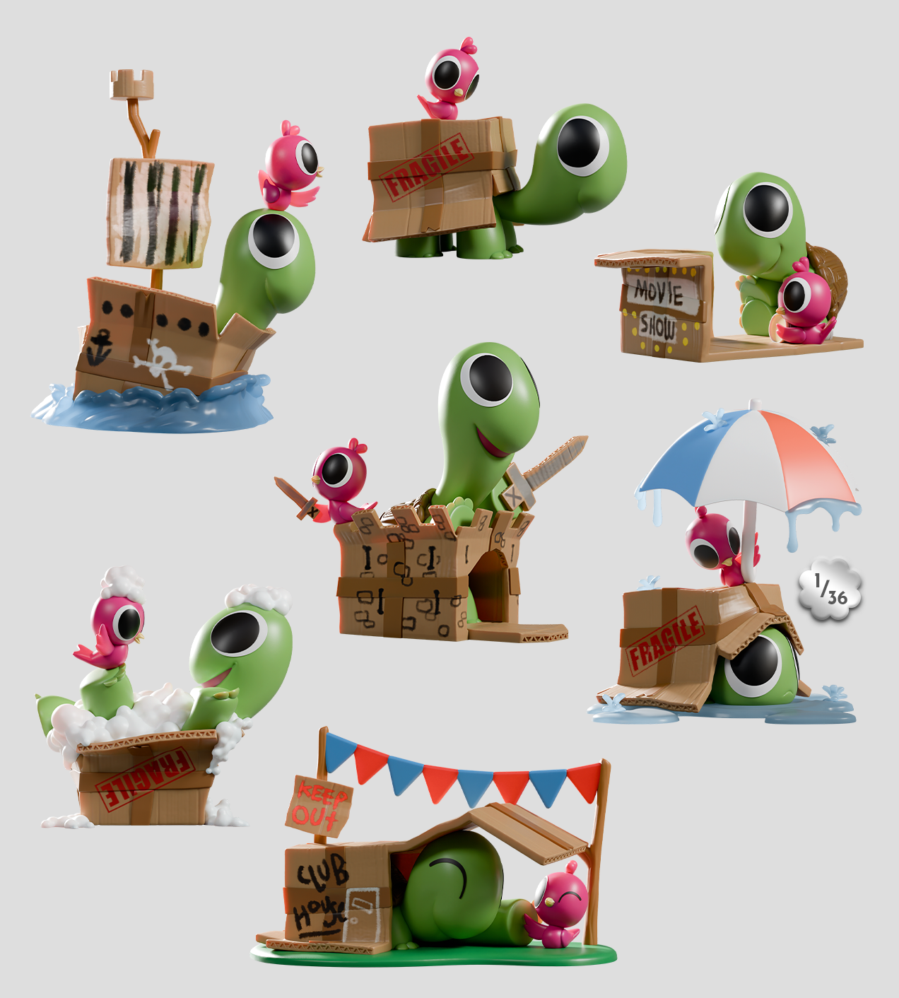 Box Turtle & Bird Blind Box: 3D illustration of imaginative scenes with turtle and bird using cardboard boxes as pirate ship, theater, and more.
