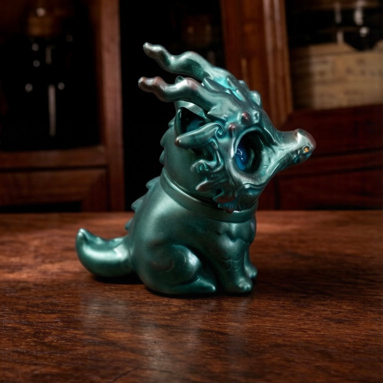 Bronze Longmi by HOTRU - Preorder: A small, teal/green dragon-cat figurine with rotatable head and magnetically attached mask, sitting on a wooden surface.