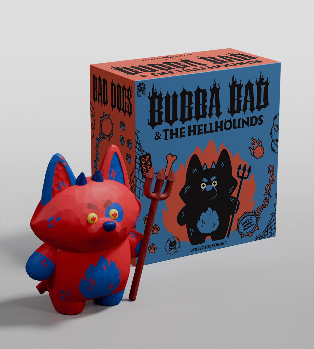 Bubba Bad Limited Edition preorder: A devil-dog collectible figure with blue accents, pitchfork, and matching box. Limited to 100 pieces, ships November 2025.