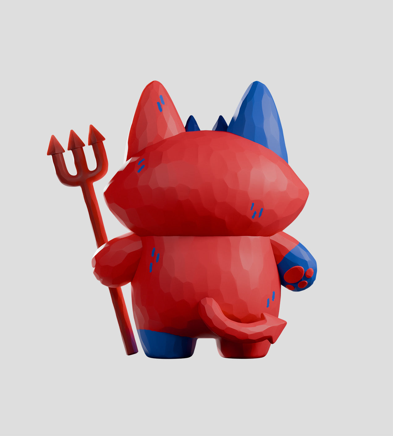 Bubba Bad Limited Edition toy, a red devilish cartoon cat with horns, holding a trident, viewed from behind. Preorder for November 2025 release.