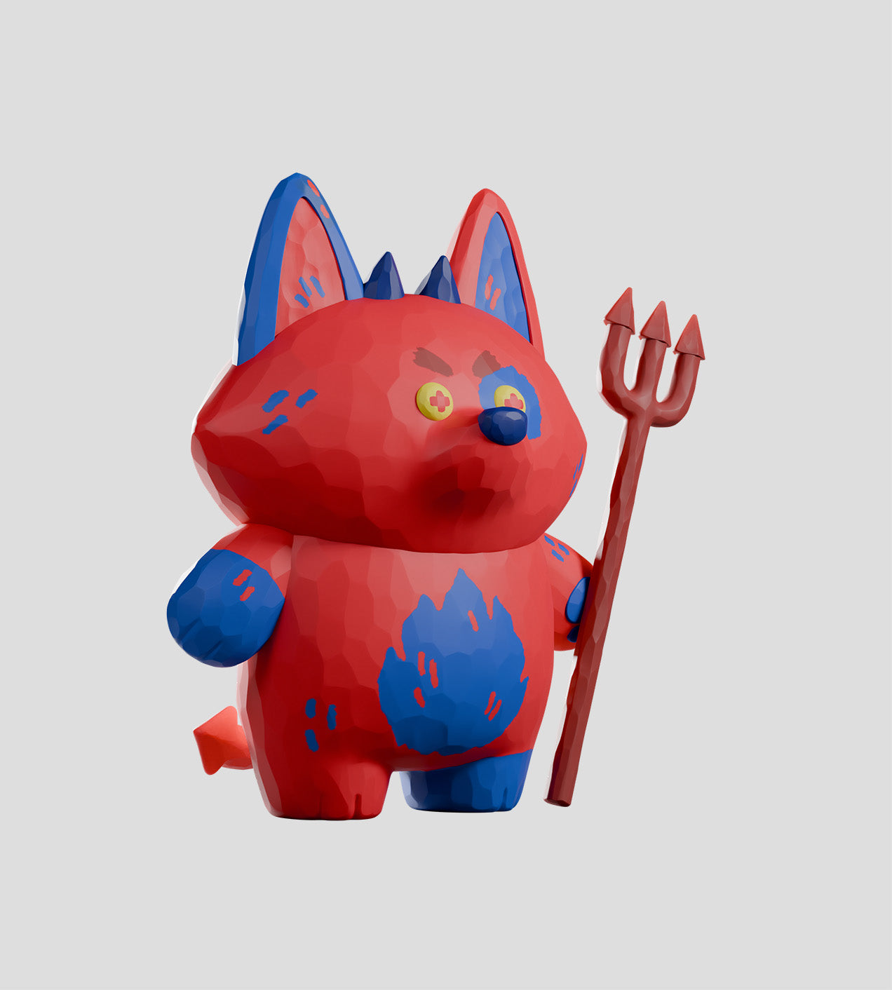 Bubba Bad Limited Edition toy: A playful red devil-fox hybrid holding a trident, featuring horns, pointed ears, and cross-shaped pupils. Preorder now.