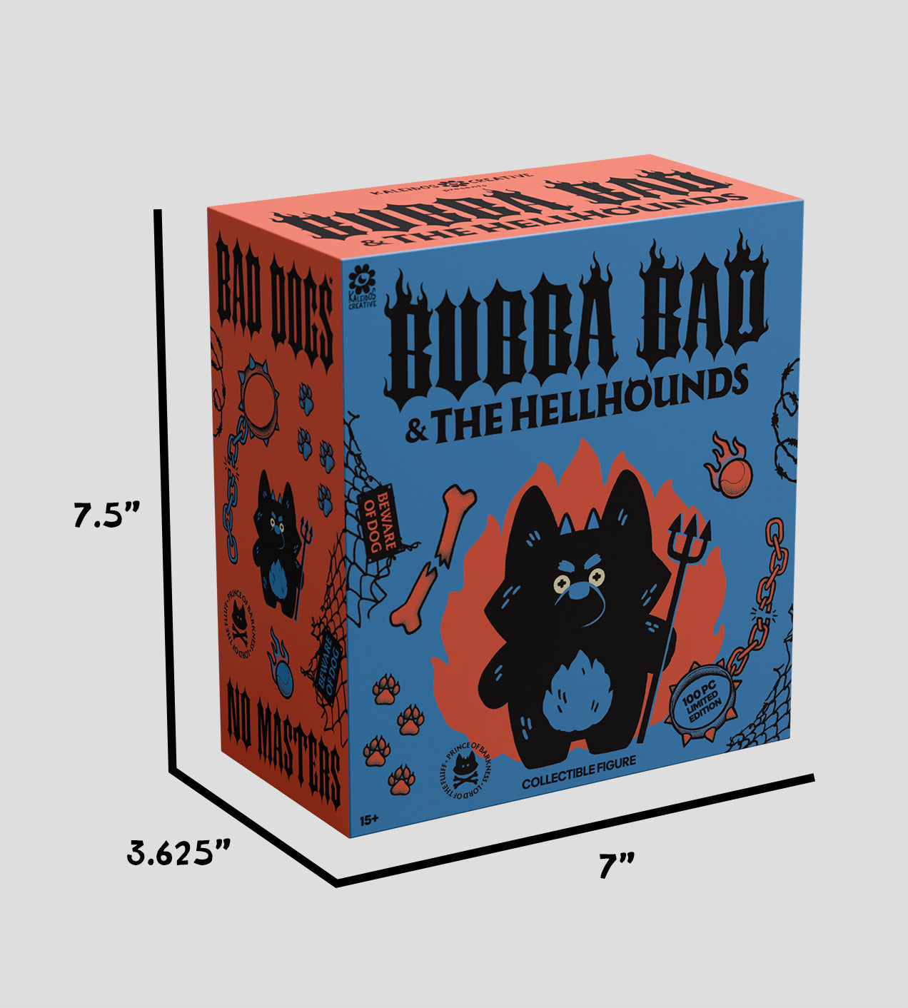 Bubba Bad Limited Edition - Preorder: Collectible figure box with flame-backlit hellhound puppy, trident, and warning tags. Limited to 100 pieces, for ages 15+.